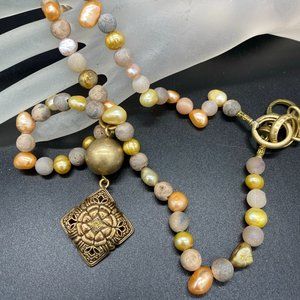 Necklace - Canary Diamond Pendant, Pearls, Druzy